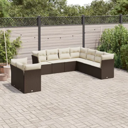Salon de jardin avec coussins 9 pcs marron résine tressée