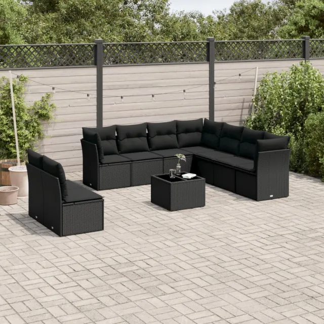 Salon de jardin 10 pcs avec coussins noir résine tressée