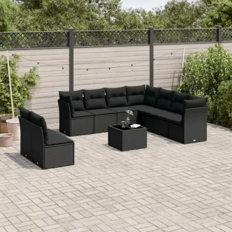 Salon de jardin 10 pcs avec coussins noir résine tressée