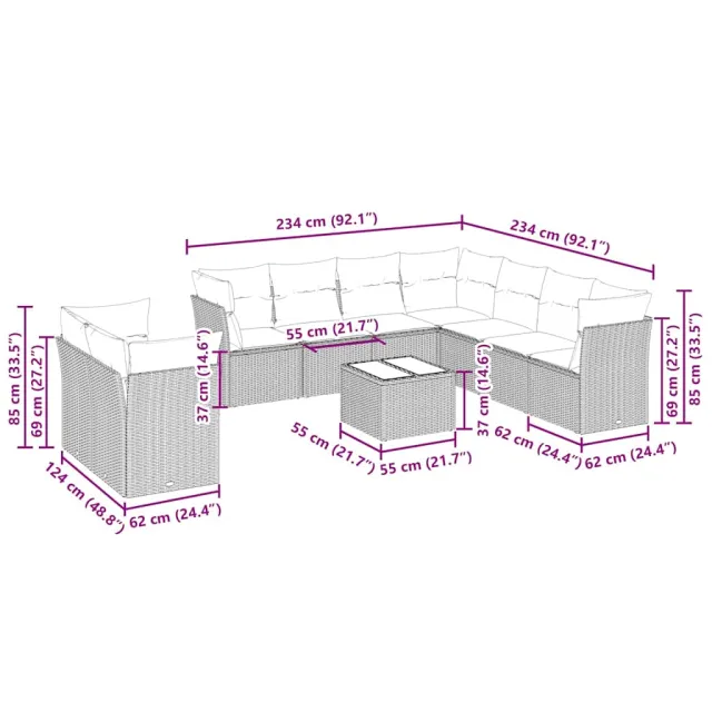 Salon de jardin avec coussins 10 pcs gris clair résine tressée