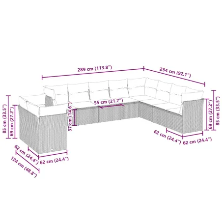 Salon de jardin avec coussins 10 pcs gris clair résine tressée