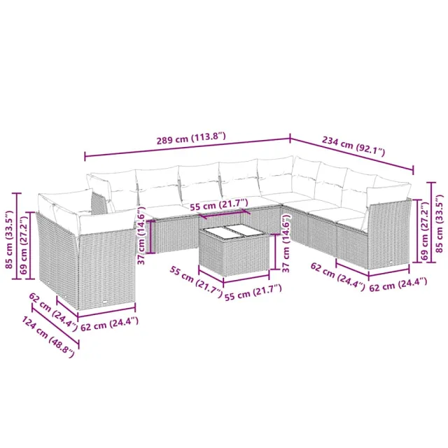 Salon de jardin 11 pcs avec coussins gris clair résine tressée