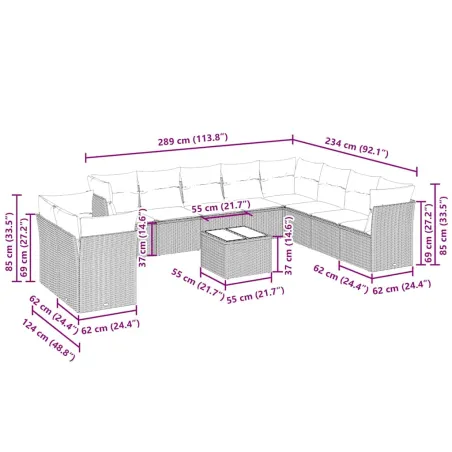 Salon de jardin 11 pcs avec coussins gris clair résine tressée
