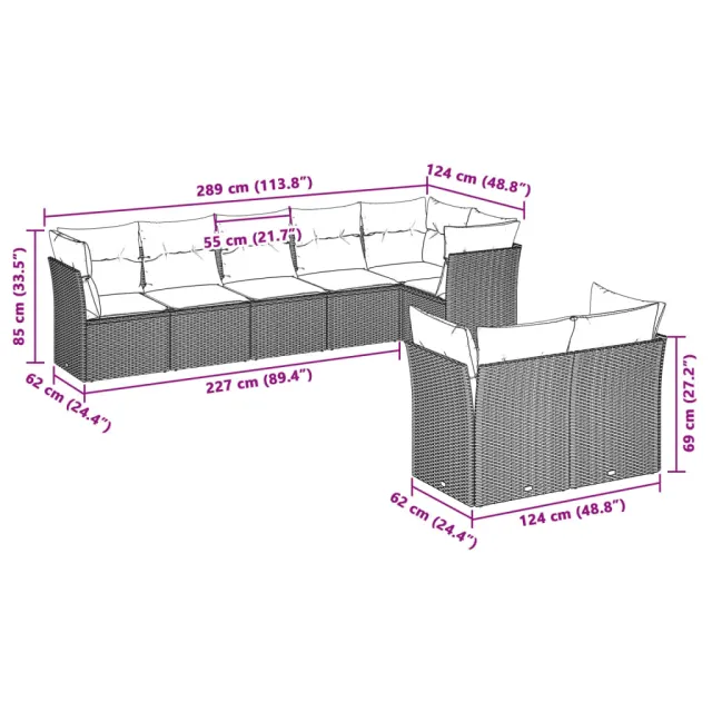 Salon de jardin 8 pcs avec coussins gris clair résine tressée