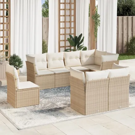Salon de jardin avec coussins 8 pcs beige résine tressée