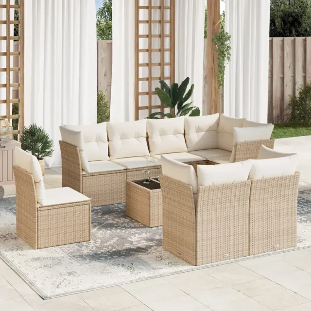 Salon de jardin avec coussins 9 pcs beige résine tressée