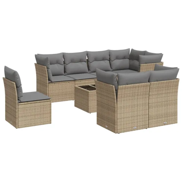 Salon de jardin avec coussins 9 pcs beige résine tressée