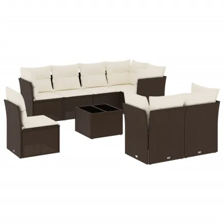 Salon de jardin avec coussins 9 pcs marron résine tressée 2