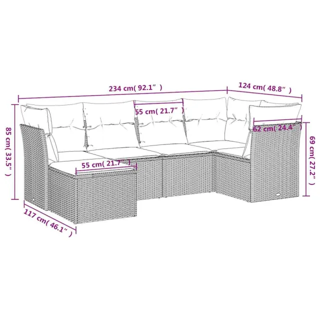 Salon de jardin avec coussins 6 pcs marron résine tressée