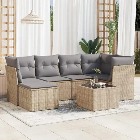 Salon de jardin avec coussins 7 pcs beige résine tressée