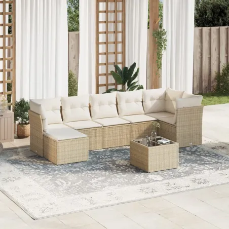 Salon de jardin avec coussins 8 pcs beige résine tressée