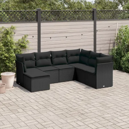 Salon de jardin 7 pcs avec coussins noir résine tressée