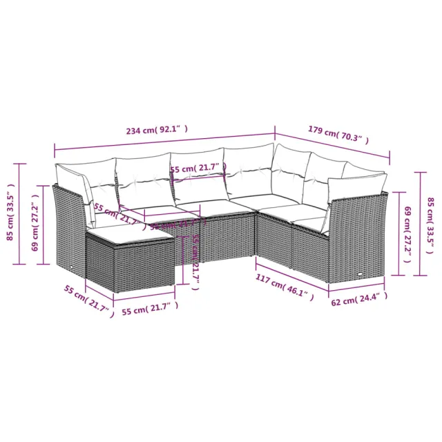 Salon de jardin 7 pcs avec coussins noir résine tressée