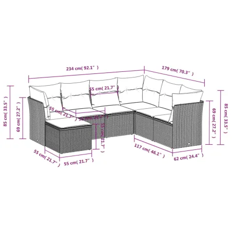 Salon de jardin 7 pcs avec coussins noir résine tressée