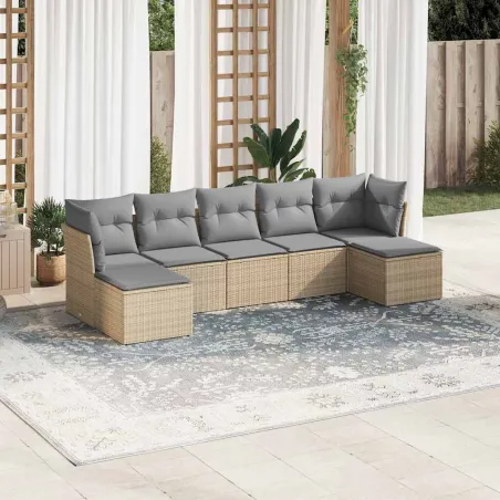 Salon de jardin avec coussins 7 pcs gris clair résine tressée