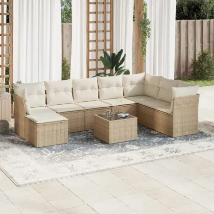 Salon de jardin avec coussins 9 pcs beige résine tressée