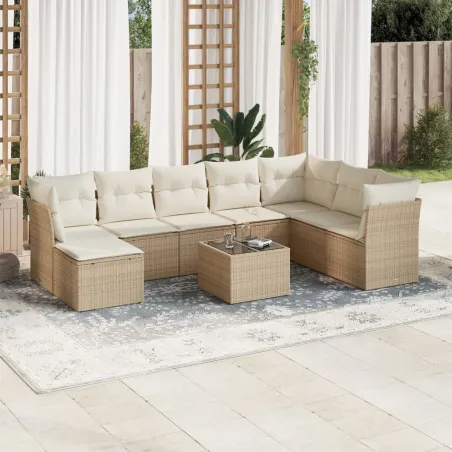 Salon de jardin avec coussins 9 pcs beige résine tressée