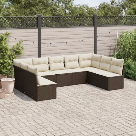 Salon de jardin avec coussins 9 pcs marron résine tressée