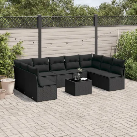 Salon de jardin 10 pcs avec coussins noir résine tressée