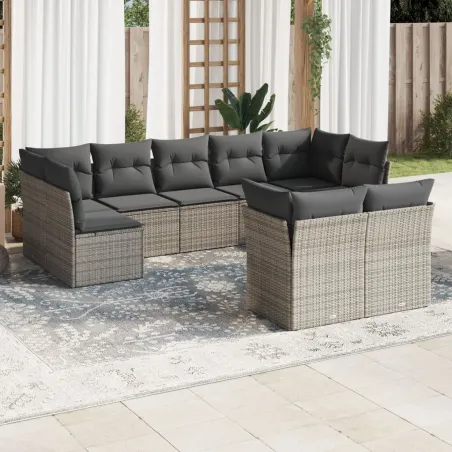 Salon de jardin 9 pcs avec coussins gris résine tressée