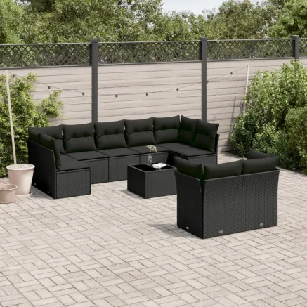 Salon de jardin 10 pcs avec coussins noir résine tressée