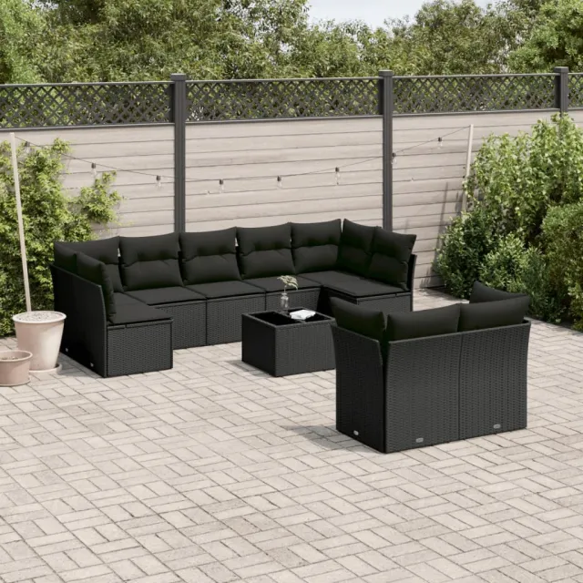 Salon de jardin 10 pcs avec coussins noir résine tressée