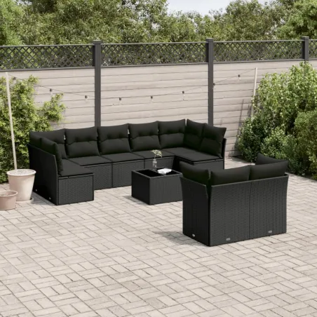 Salon de jardin 10 pcs avec coussins noir résine tressée