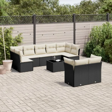 Salon de jardin 10 pcs avec coussins noir résine tressée