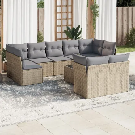 Salon de jardin avec coussins 10 pcs beige résine tressée