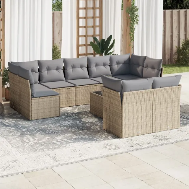Salon de jardin avec coussins 10 pcs beige résine tressée