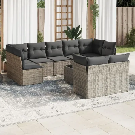 Salon de jardin avec coussins 10 pcs gris résine tressée