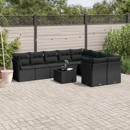 Salon de jardin 10 pcs avec coussins noir résine tressée
