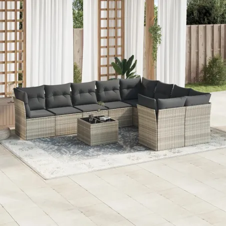 Salon de jardin avec coussins 10 pcs gris clair résine tressée
