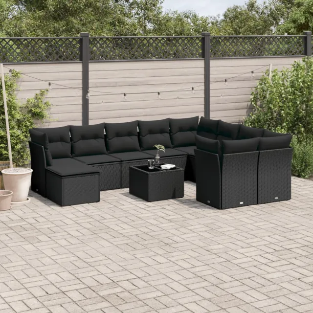 Salon de jardin 10 pcs avec coussins noir résine tressée