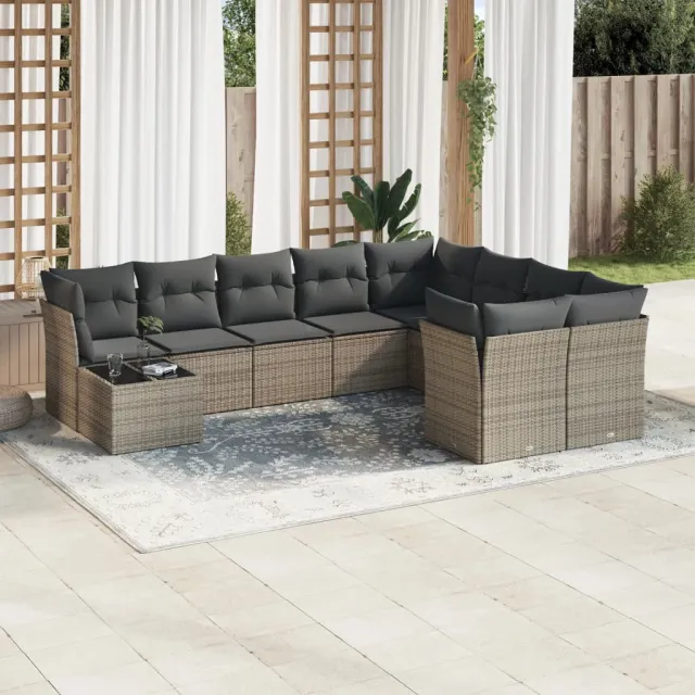 Salon de jardin avec coussins 10 pcs gris résine tressée
