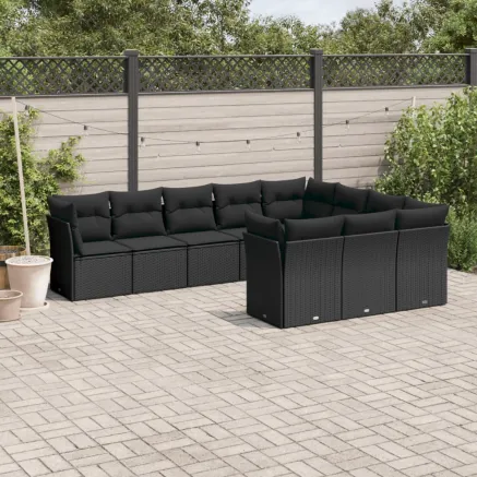 Salon de jardin 10 pcs avec coussins noir résine tressée