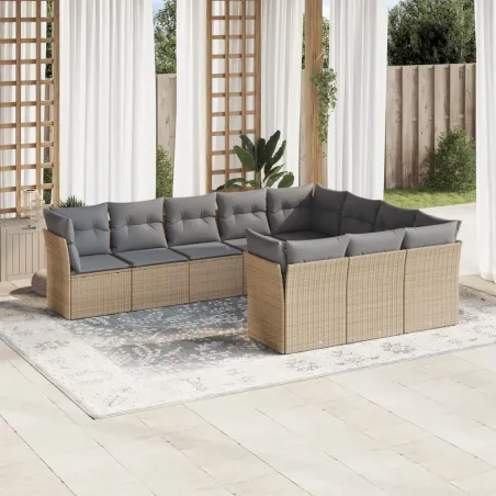 Salon de jardin avec coussins 10 pcs beige résine tressée