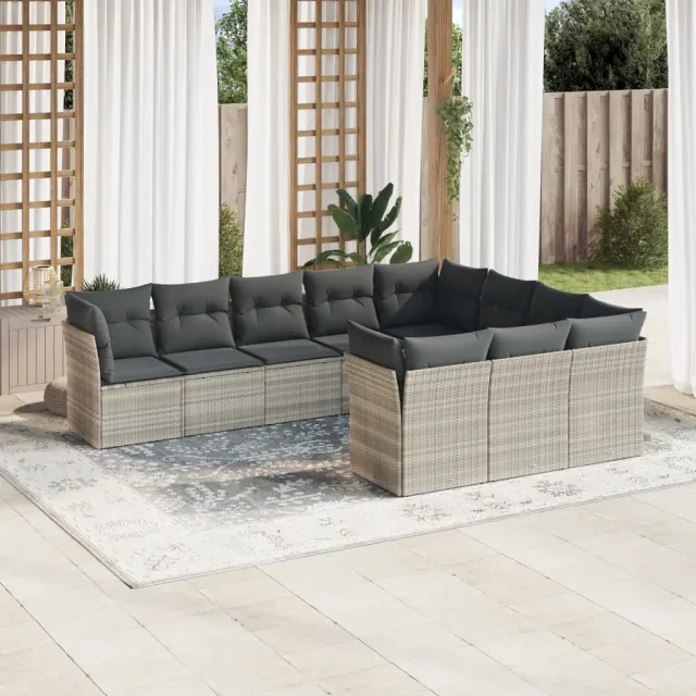 Salon de jardin avec coussins 10 pcs gris clair résine tressée