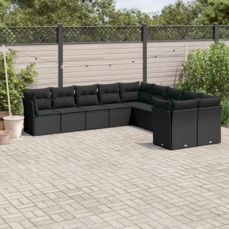 Salon de jardin 10 pcs avec coussins noir résine tressée