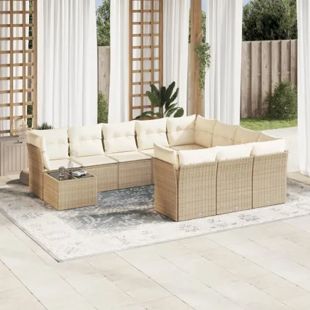Salon de jardin 11 pcs avec coussins beige résine tressée