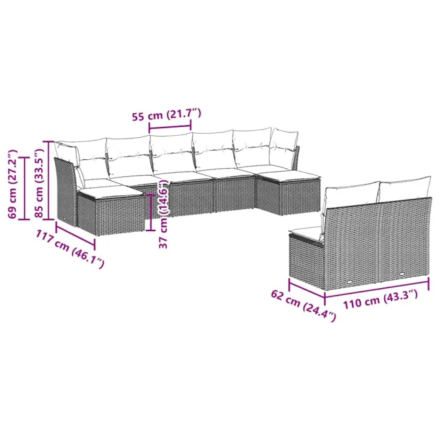 Salon de jardin avec coussins 9 pcs marron résine tressée