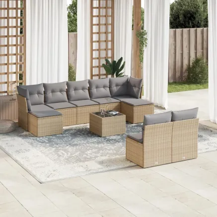 Salon de jardin avec coussins 10 pcs beige résine tressée