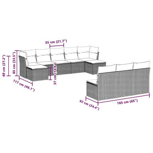 Salon de jardin avec coussins 10 pcs gris clair résine tressée