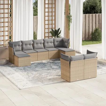 Salon de jardin avec coussins 9 pcs beige résine tressée