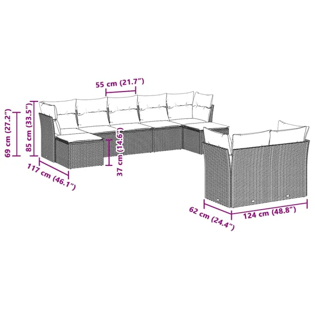 Salon de jardin 9 pcs avec coussins gris clair résine tressée