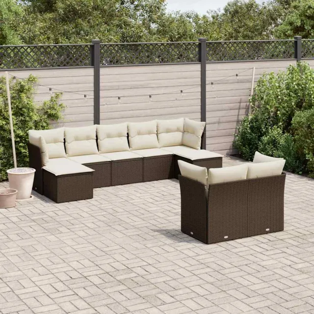 Salon de jardin avec coussins 9 pcs marron résine tressée