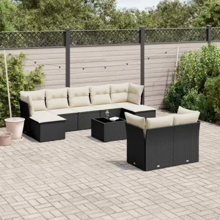 Salon de jardin 10 pcs avec coussins noir résine tressée