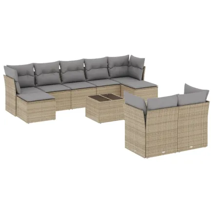 Salon de jardin avec coussins 10 pcs beige résine tressée 2