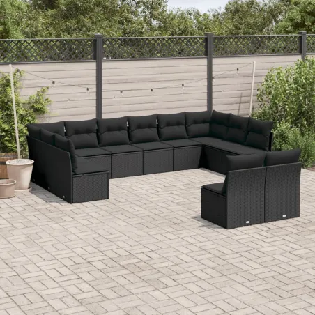 Salon de jardin 12 pcs avec coussins noir résine tressée