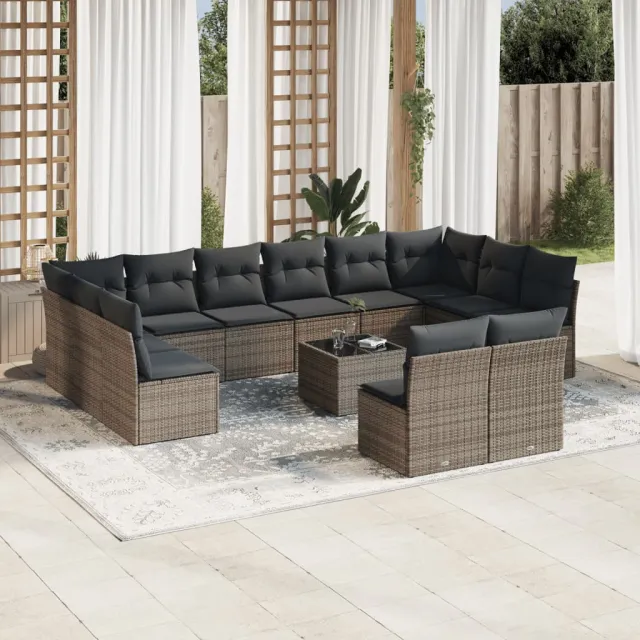 Salon de jardin avec coussins 13 pcs gris résine tressée